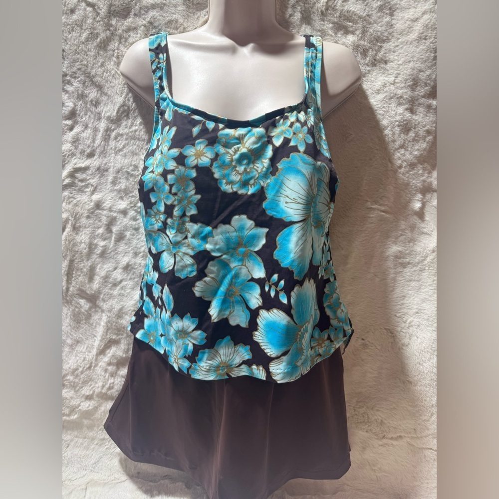 Maxine of Hollywood Bathing Suit Sz 14 Swim Dress Padded Blue Floral One Piece
